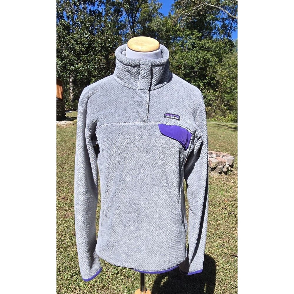 Patagonia Womens Fleece Sweater Sz M Quarter Zip  Pullover Gray Purple Polartec